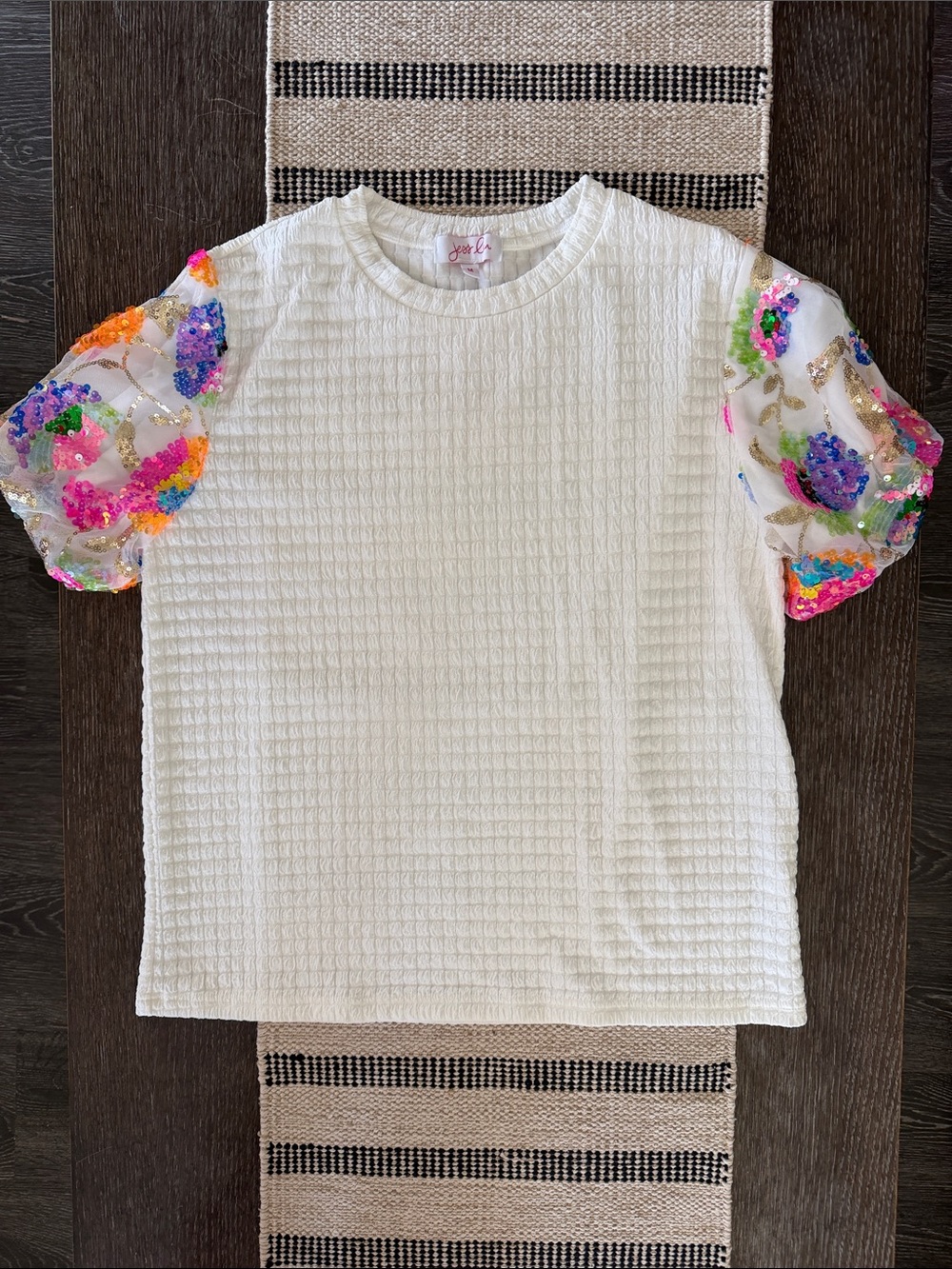 Eyelet Puff Sleeve Waffle Knit Top with Multicolor Sequin Floral Sleeves
